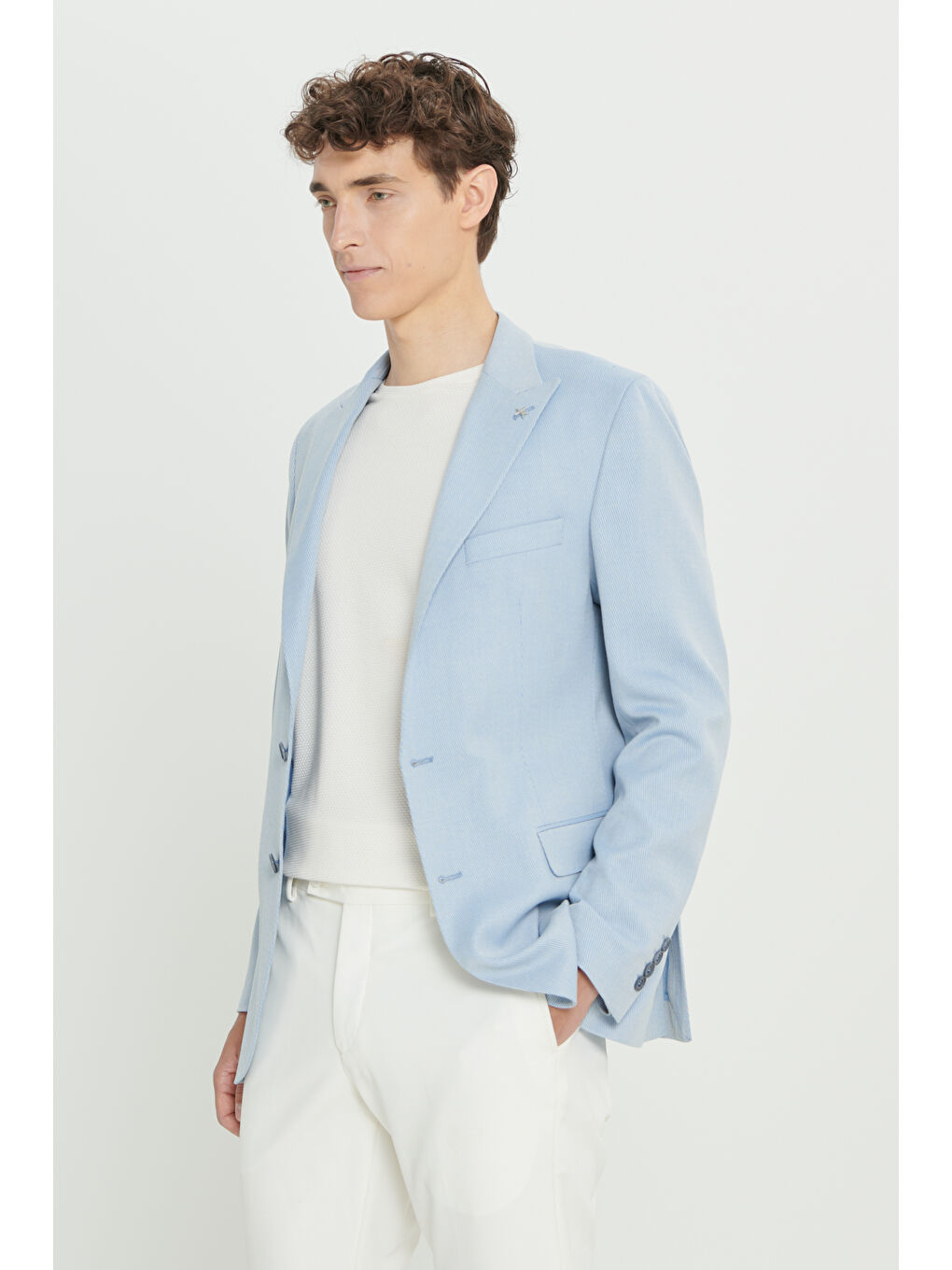 Erkek Açık Mavi Slim Fit Dar Kesim Kırlangıç Yaka Blazer Ceket-3