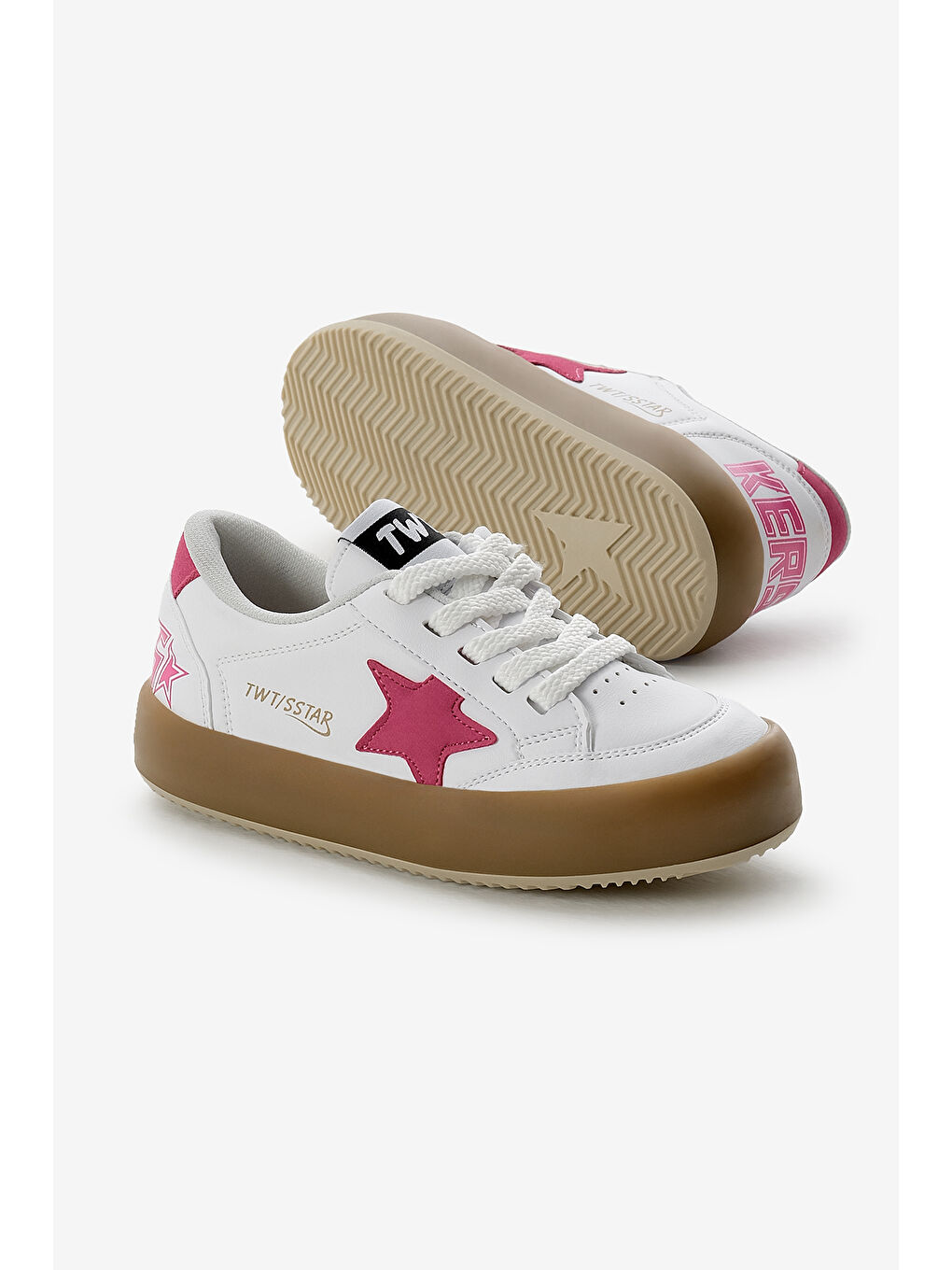 Çocuk Unisex Beyaz Fuşya Termo Taban Yıldız Detaylı Bağcıklı ve Cırtlı Spor Ayakkabı-3