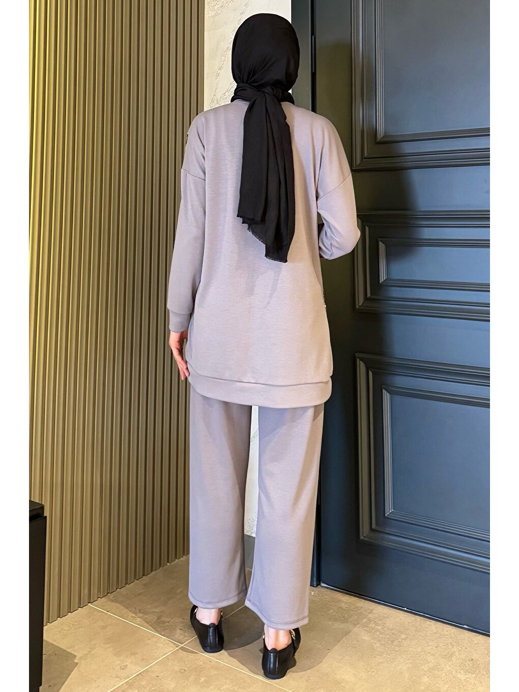 Gri Leopar Desenli Büyük Beden Tunik Pantolon Tesettür İkili Takım-6