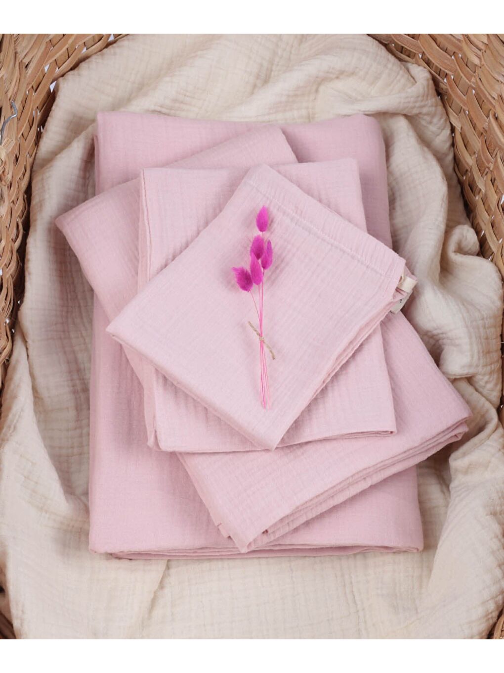 Keseli Müslin Nevresim Takımı 100X135 Cm +/ - 3Cm Çarşaf 120X150 Yastık 35X45 Cm Pudra Pembe