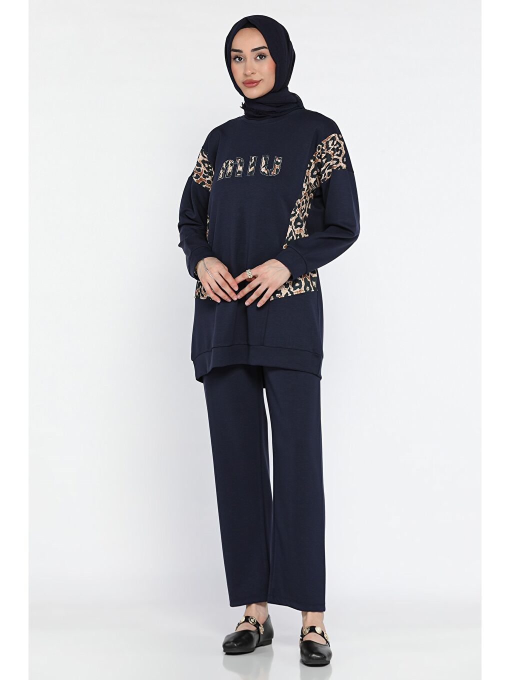 Lacivert Leopar Desenli Büyük Beden Tunik Pantolon Tesettür İkili Takım-1