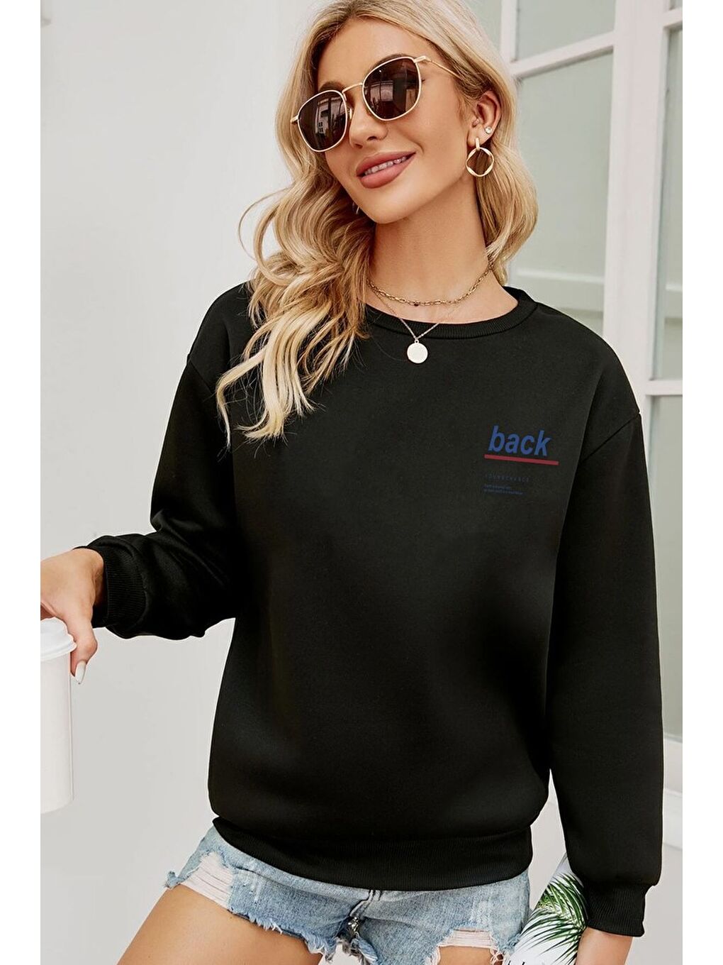 Siyah Unisex Back Baskılı Bisiklet Yaka Sweatshirt