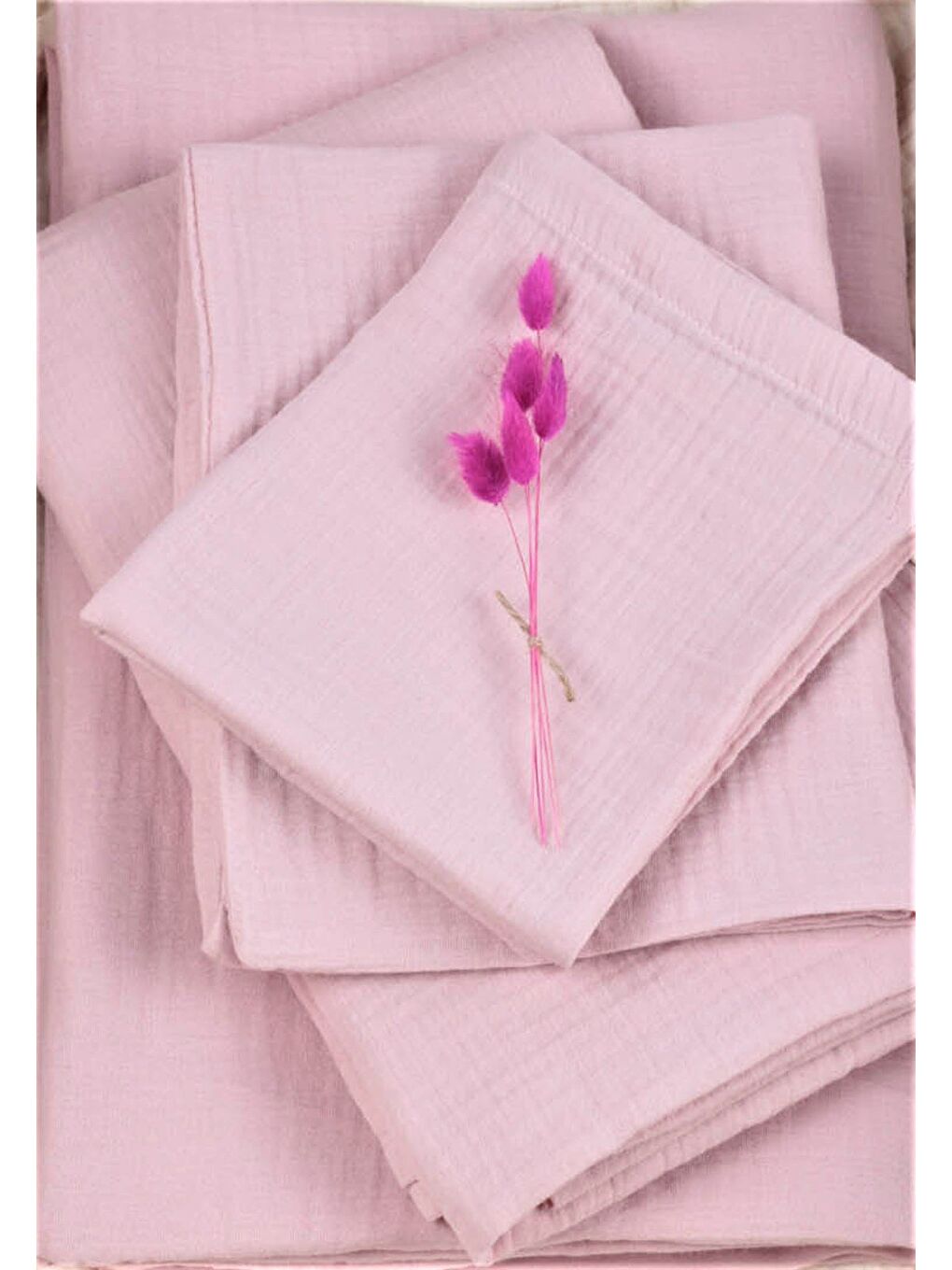 Keseli Müslin Nevresim Takımı 100X135 Cm +/ - 3Cm Çarşaf 120X150 Yastık 35X45 Cm Pudra Pembe-5