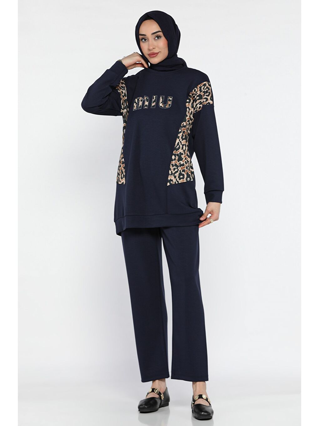 Lacivert Leopar Desenli Büyük Beden Tunik Pantolon Tesettür İkili Takım-3