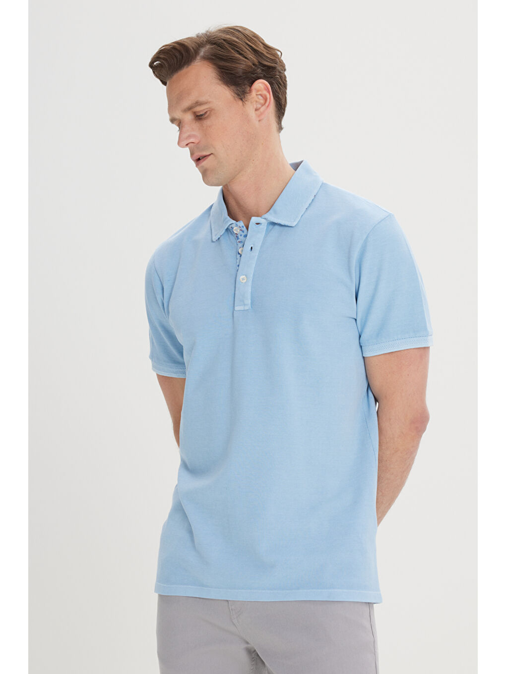 Erkek Açık Mavi Slim Fit Dar Kesim %100 Pamuk Polo Yaka Tişört-2