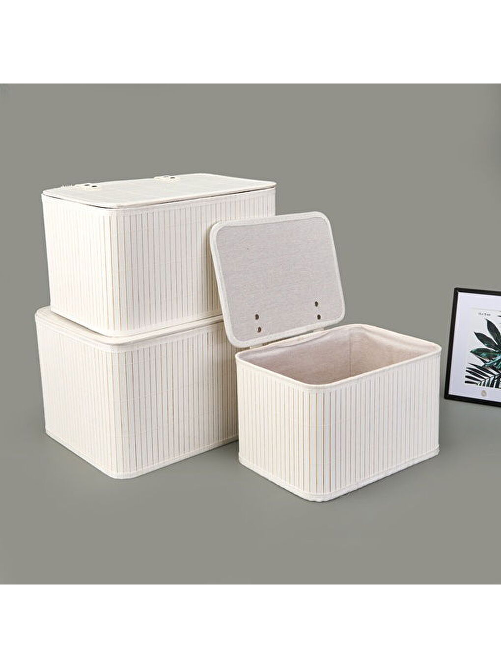 3'lü Çok Amaçlı Kapaklı Dekoratif Sepet - Beyaz-3
