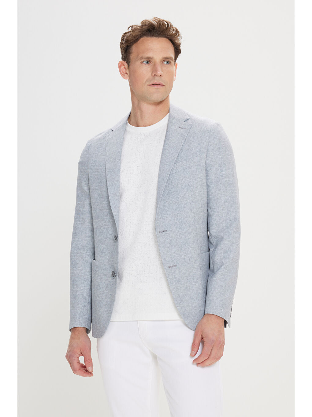 Erkek Gri-Mavi 360 Her Yöne Esneyen Slim Fit Dar Kesim Mono Yaka Desenli Blazer Ceket