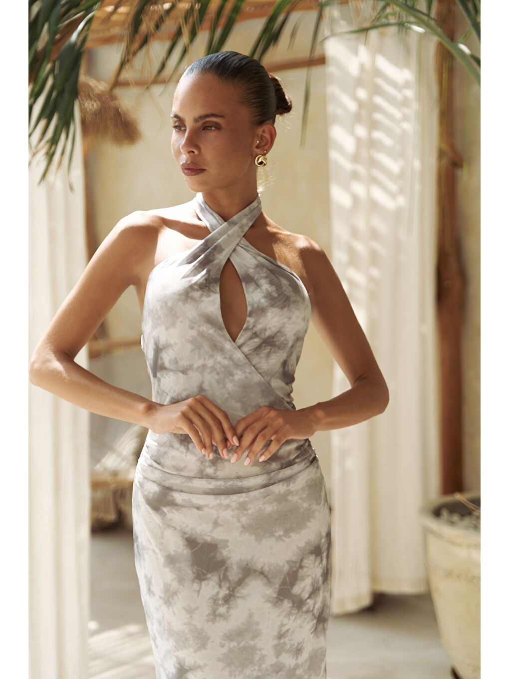 Keefnes Kruvaze Gri Uzun Elbise-3