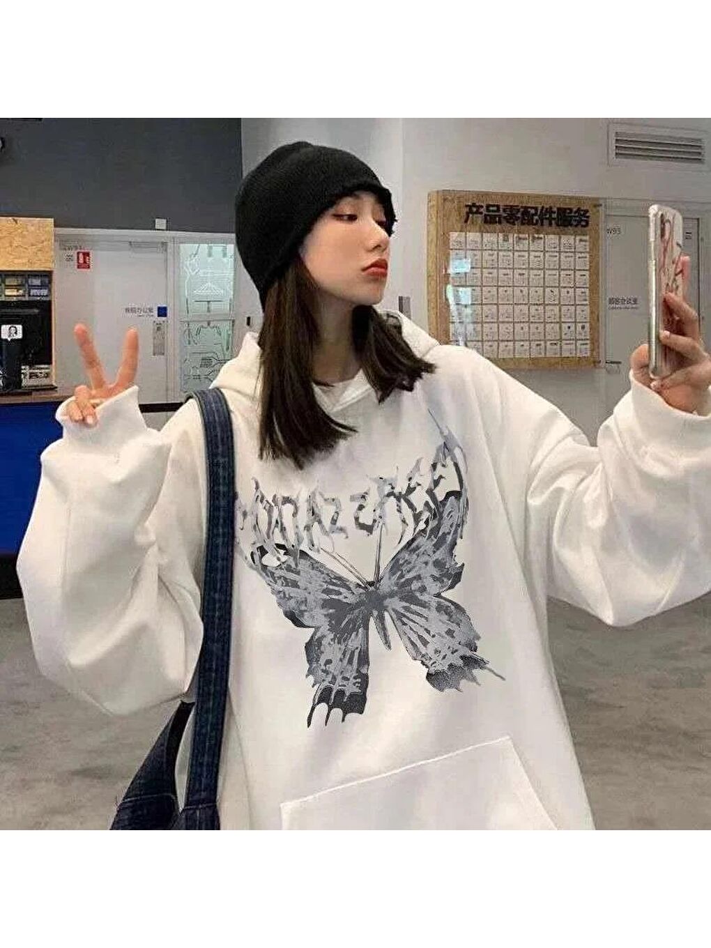 Touz Moda Beyaz Harajuku Butterfly Oversize Unisex Beyaz Kapşonlu Hoodie Sweatshirt