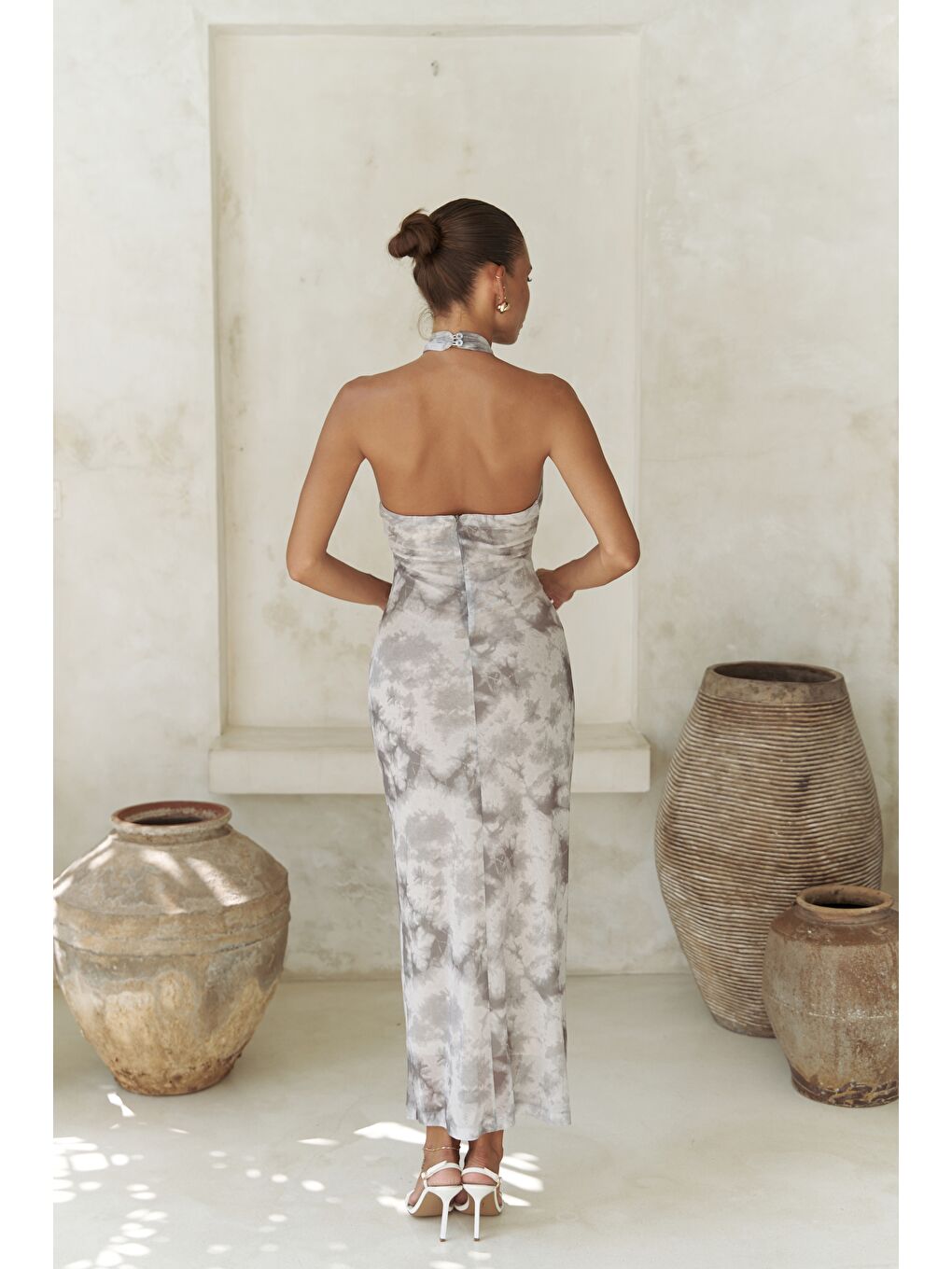 Keefnes Kruvaze Gri Uzun Elbise-4