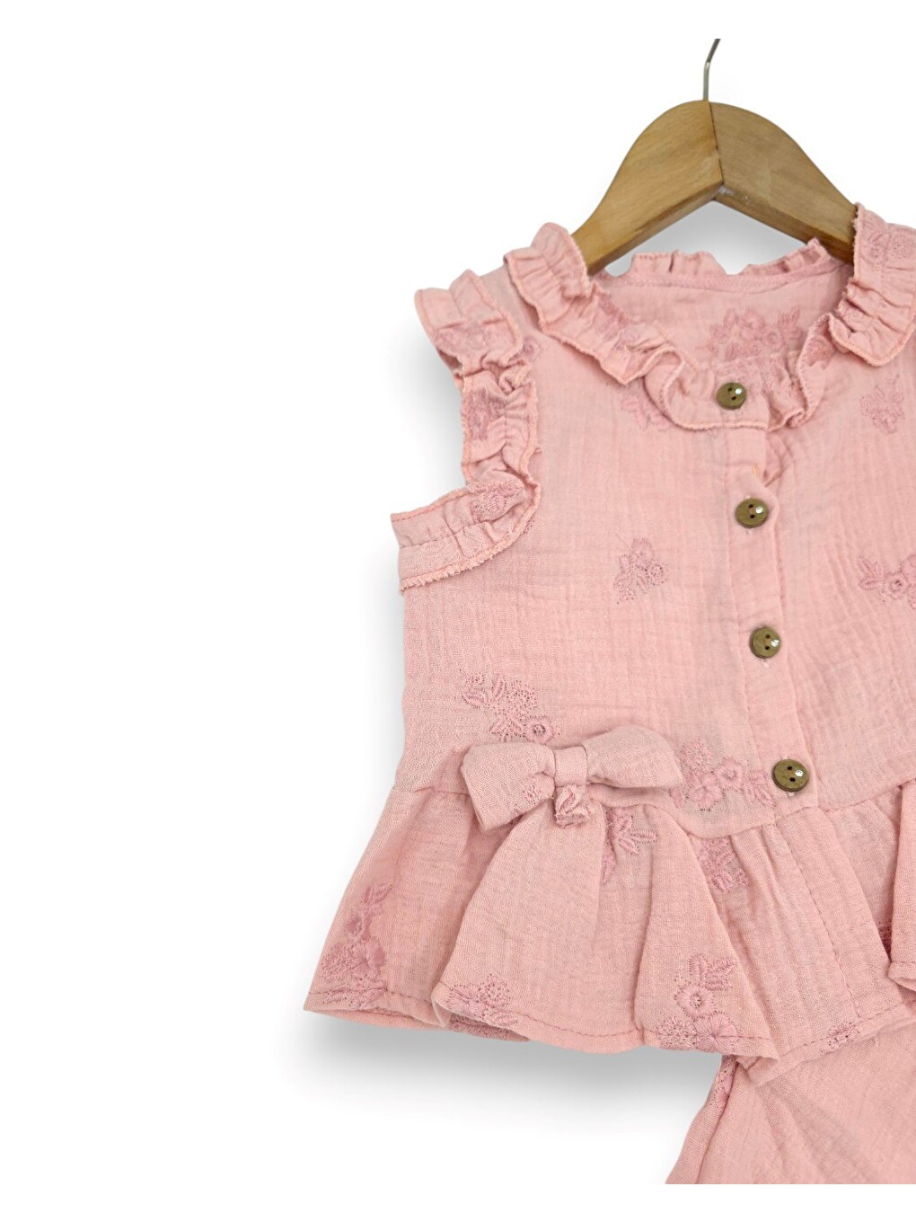 Pembe Kız Çocuk Yazlık 2-3-4-5-6 Yaş Gömlekli Pantolonlu Müslin Takım, Bayamlık Kız Takım %100 Pamuk-4