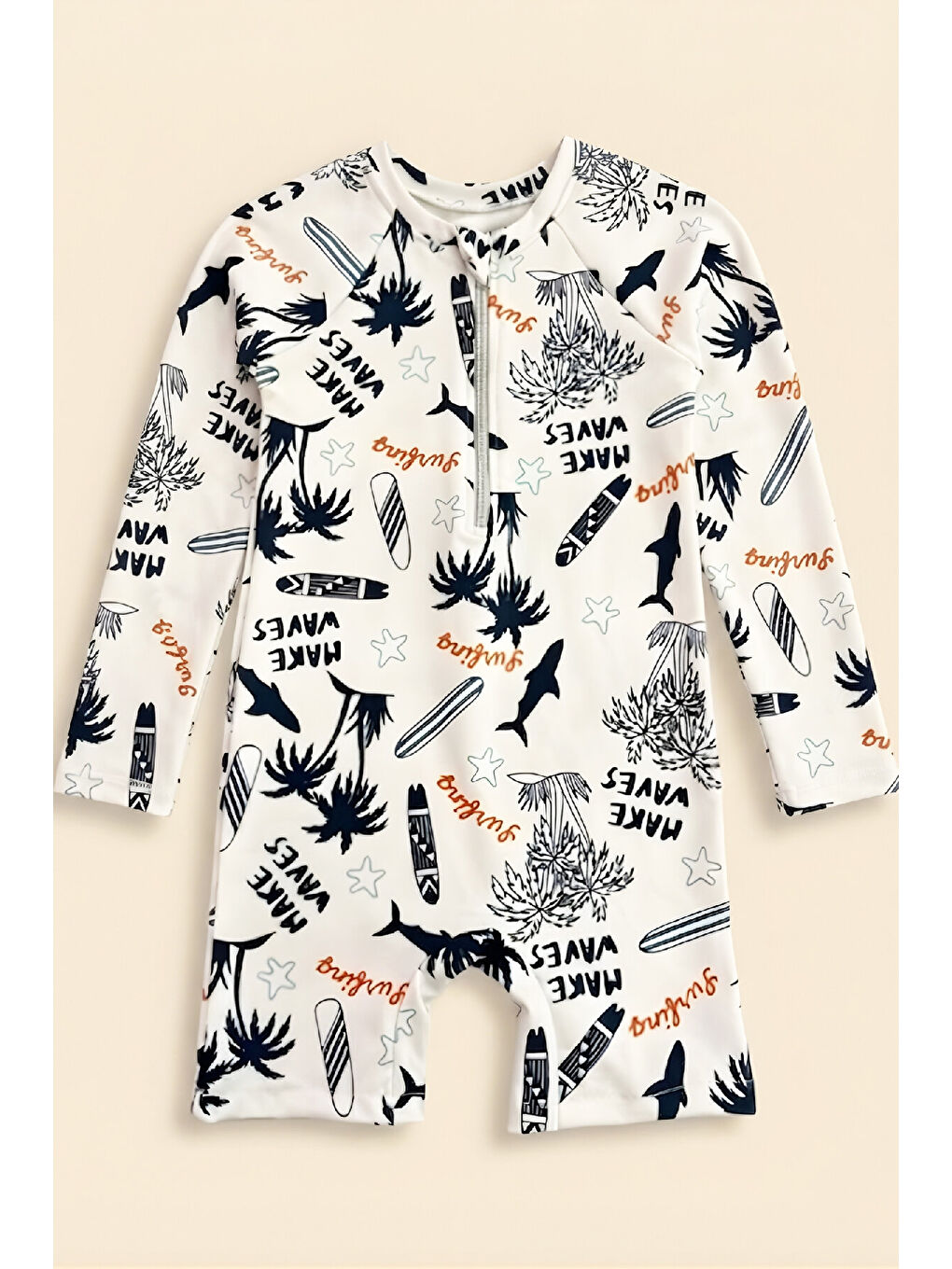 Beyaz Erkek Bebek Tulum Mayo-Uzun Kollu ve Fermuarlı 9-24 Ay 12626B-1