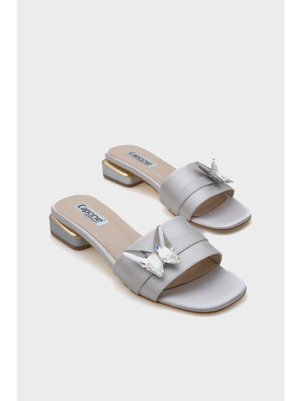 Gri Ariela Yuvarlak Küt Burunlu Taşlı Kelebek Tokalı Kadın Kısa Topuklu Terlik-2