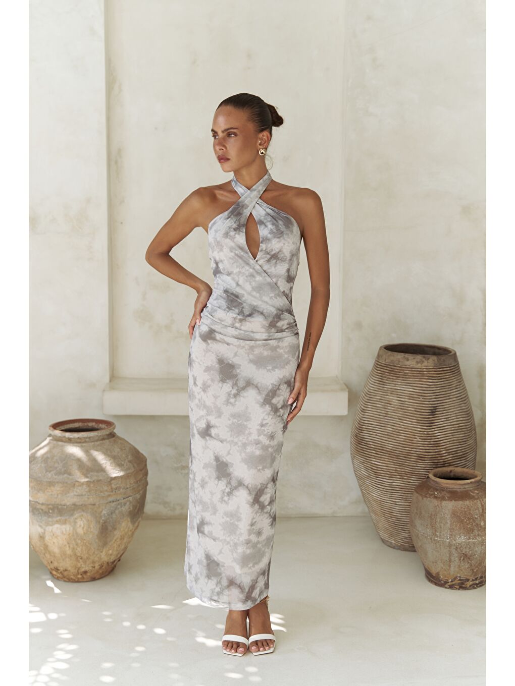 Keefnes Kruvaze Gri Uzun Elbise-5