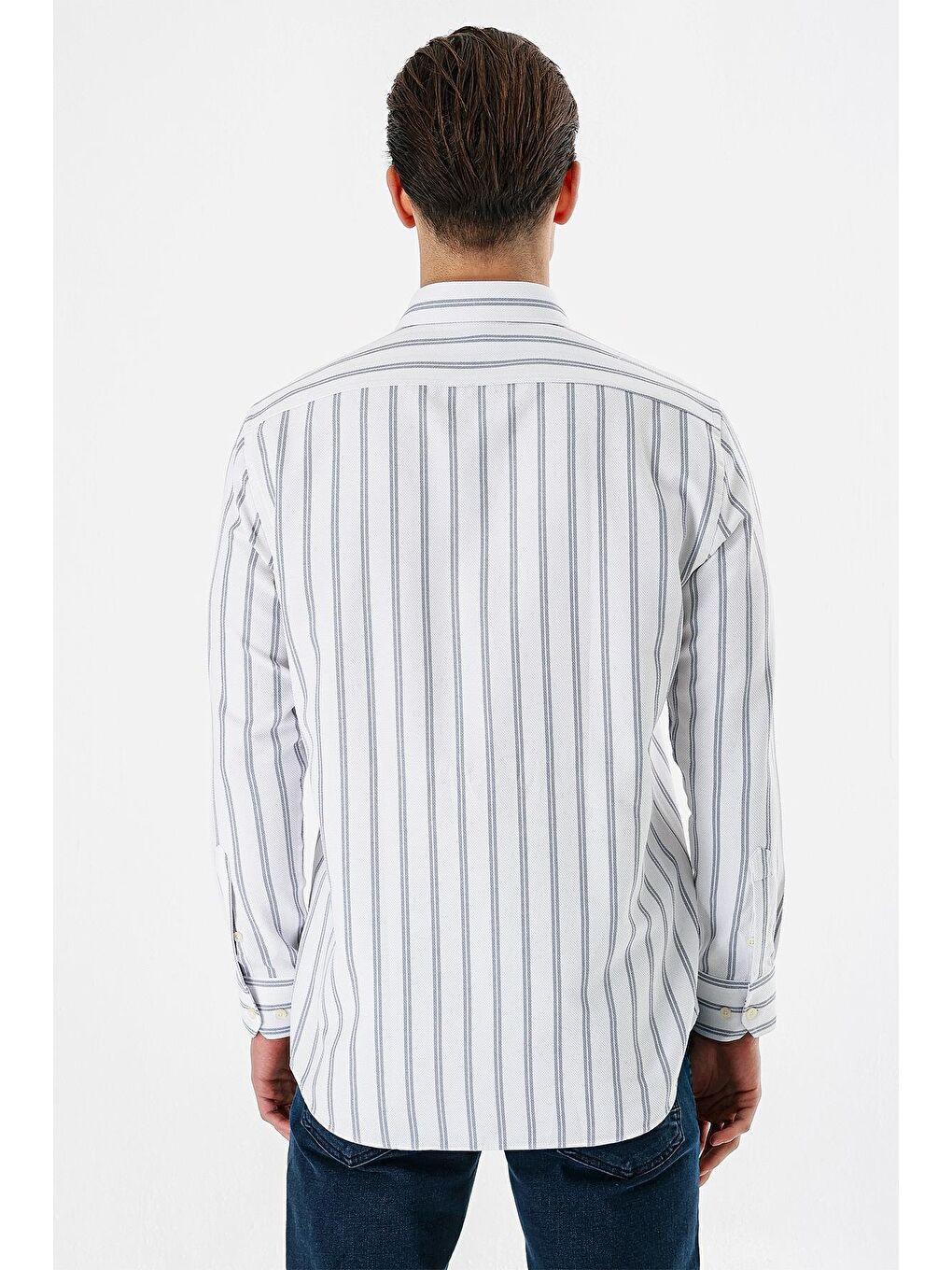 Beyaz Uzun Kollu Çizgili Armürlü Sert Yaka Cepli Pamuklu Comfort Fit Gömlek 1004240170-5