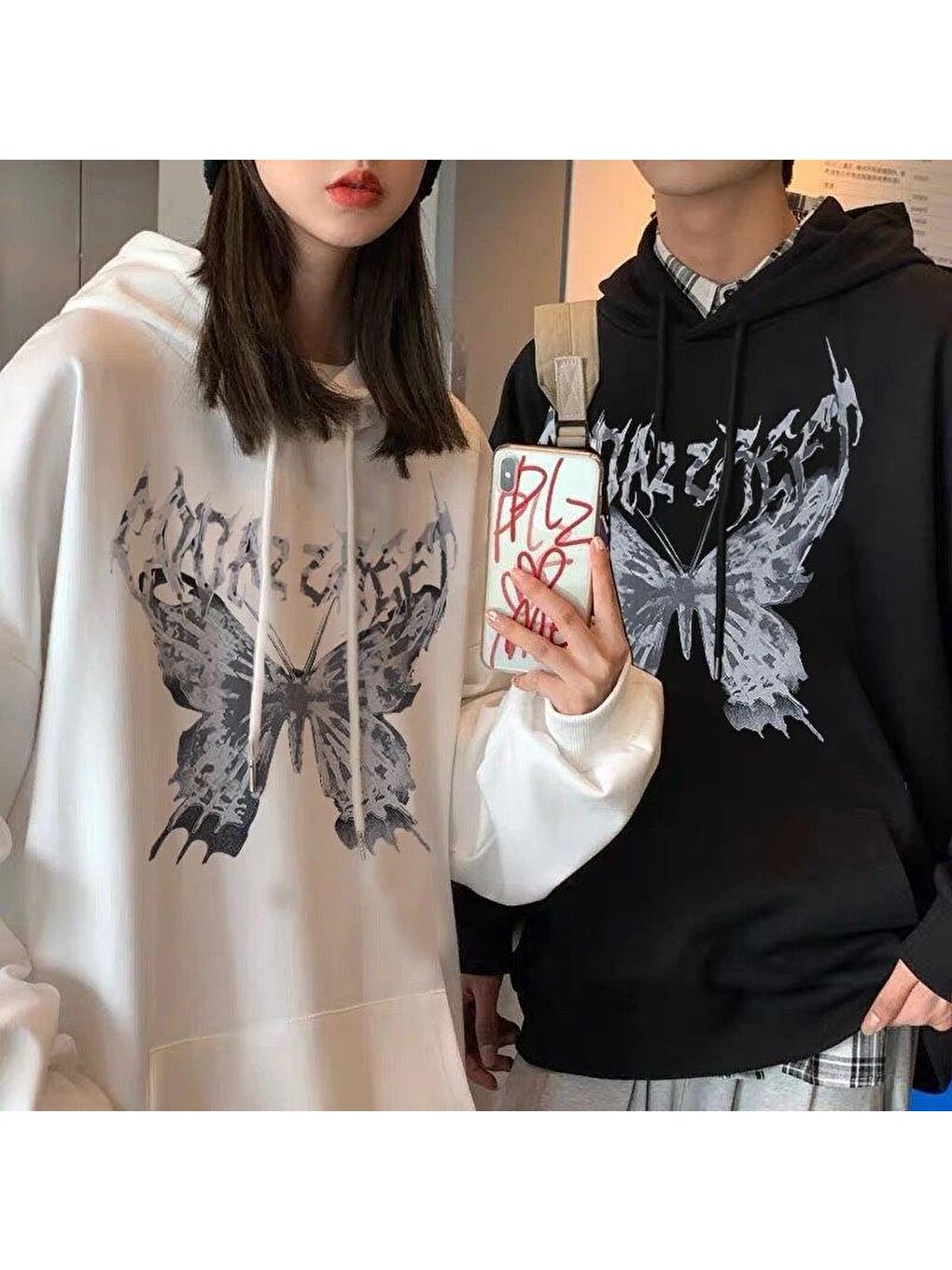 Touz Moda Beyaz Harajuku Butterfly Oversize Unisex Beyaz Kapşonlu Hoodie Sweatshirt - 1