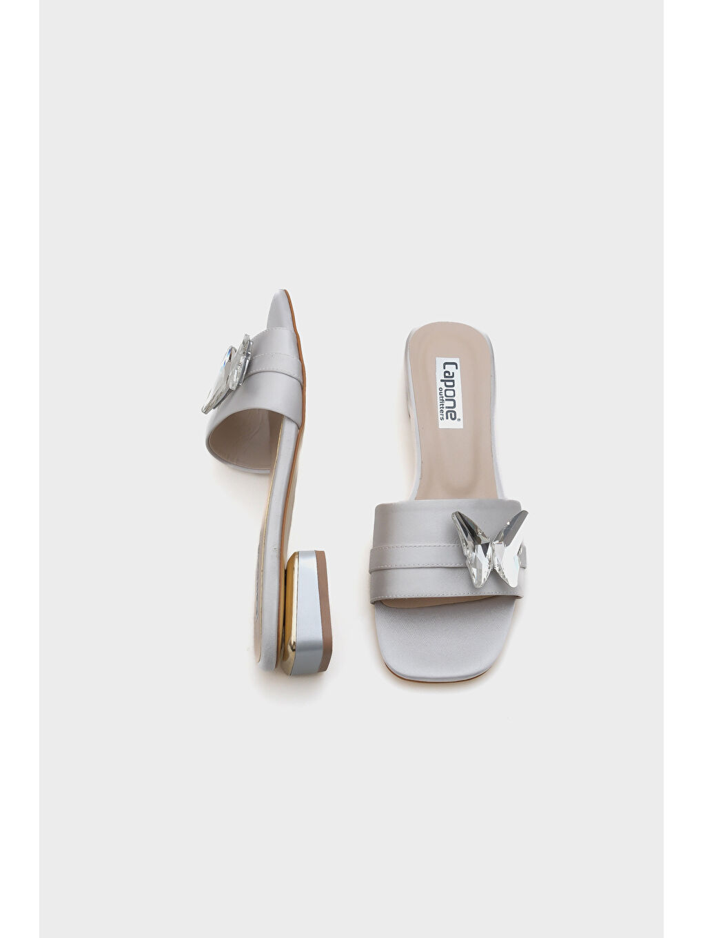 Gri Ariela Yuvarlak Küt Burunlu Taşlı Kelebek Tokalı Kadın Kısa Topuklu Terlik-5