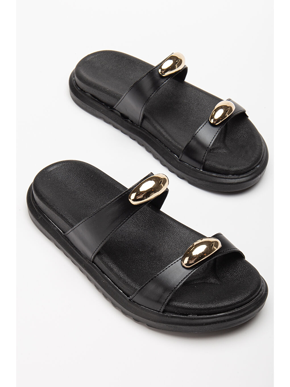 Kadın Siyah Çift Bantlı Toka Detaylı Terlik-2