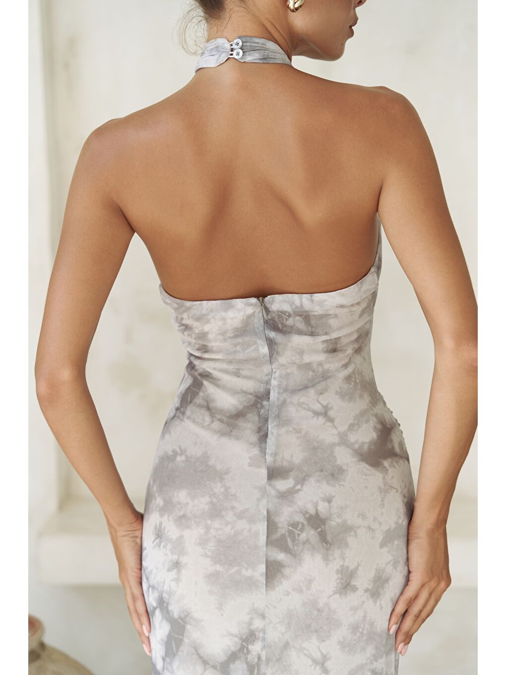 Keefnes Kruvaze Gri Uzun Elbise-6