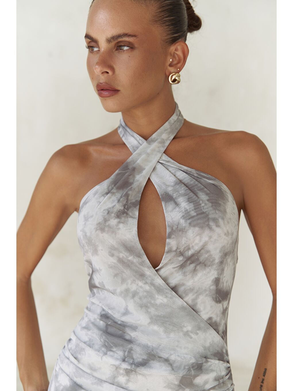 Keefnes Kruvaze Gri Uzun Elbise-7