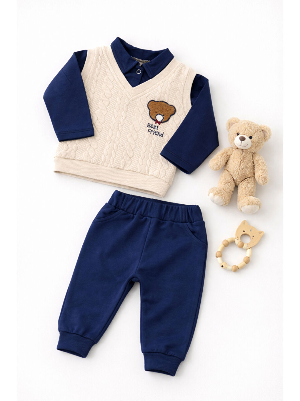 Lacivert Erkek Bebek 2’li Takım Triko Süveter Detaylı Ayıcıklı Uzun Kollu Alt Üst Set-1