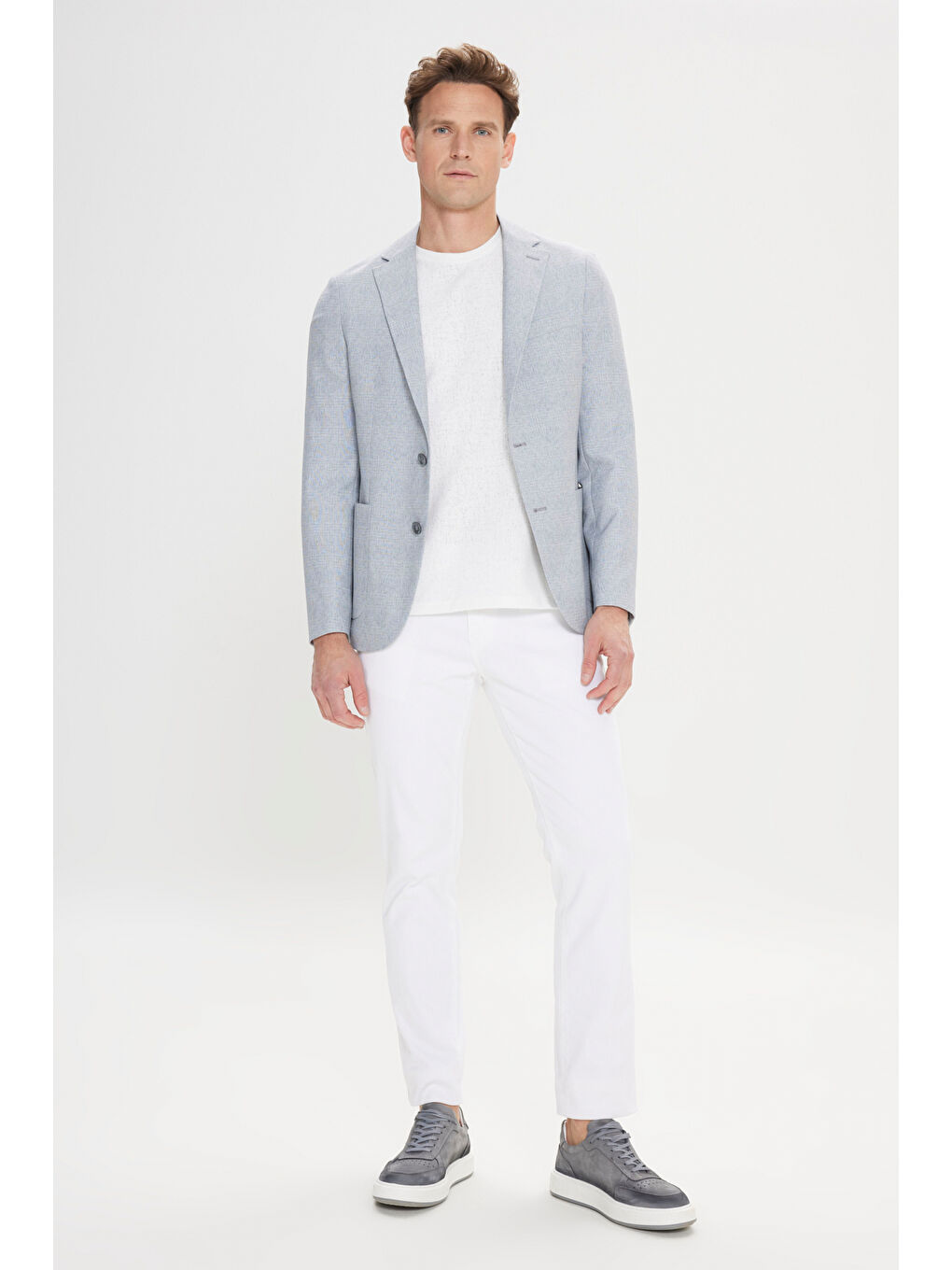 Erkek Gri-Mavi 360 Her Yöne Esneyen Slim Fit Dar Kesim Mono Yaka Desenli Blazer Ceket-2