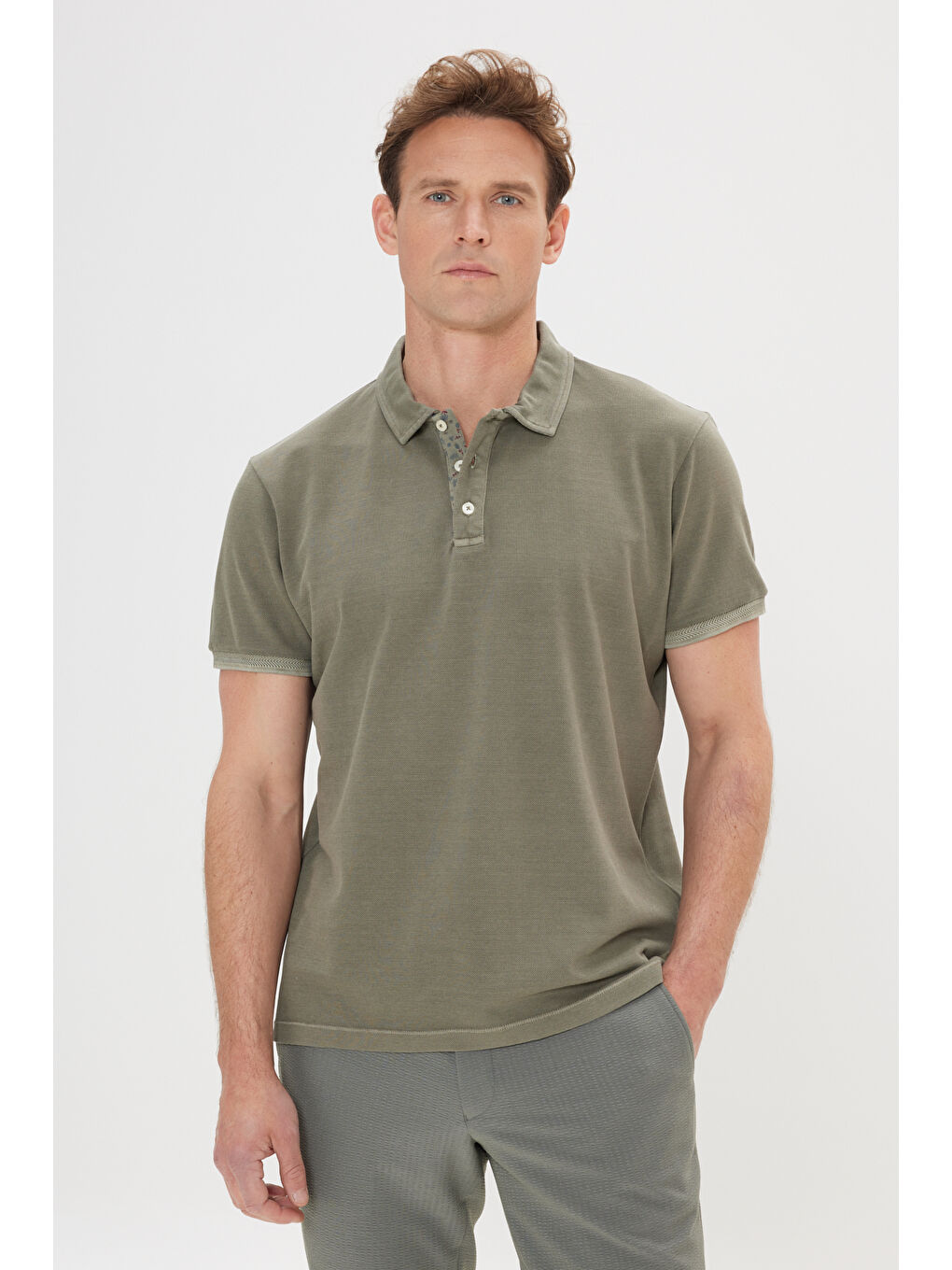 Erkek Haki Slim Fit Dar Kesim %100 Pamuk Polo Yaka Tişört