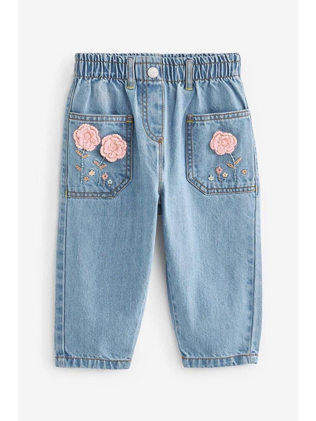 Karışık Kız Çocuk Pamuklu Mavi Çiçek Nakışlı Beli Lastikli Jean Pantolon-3