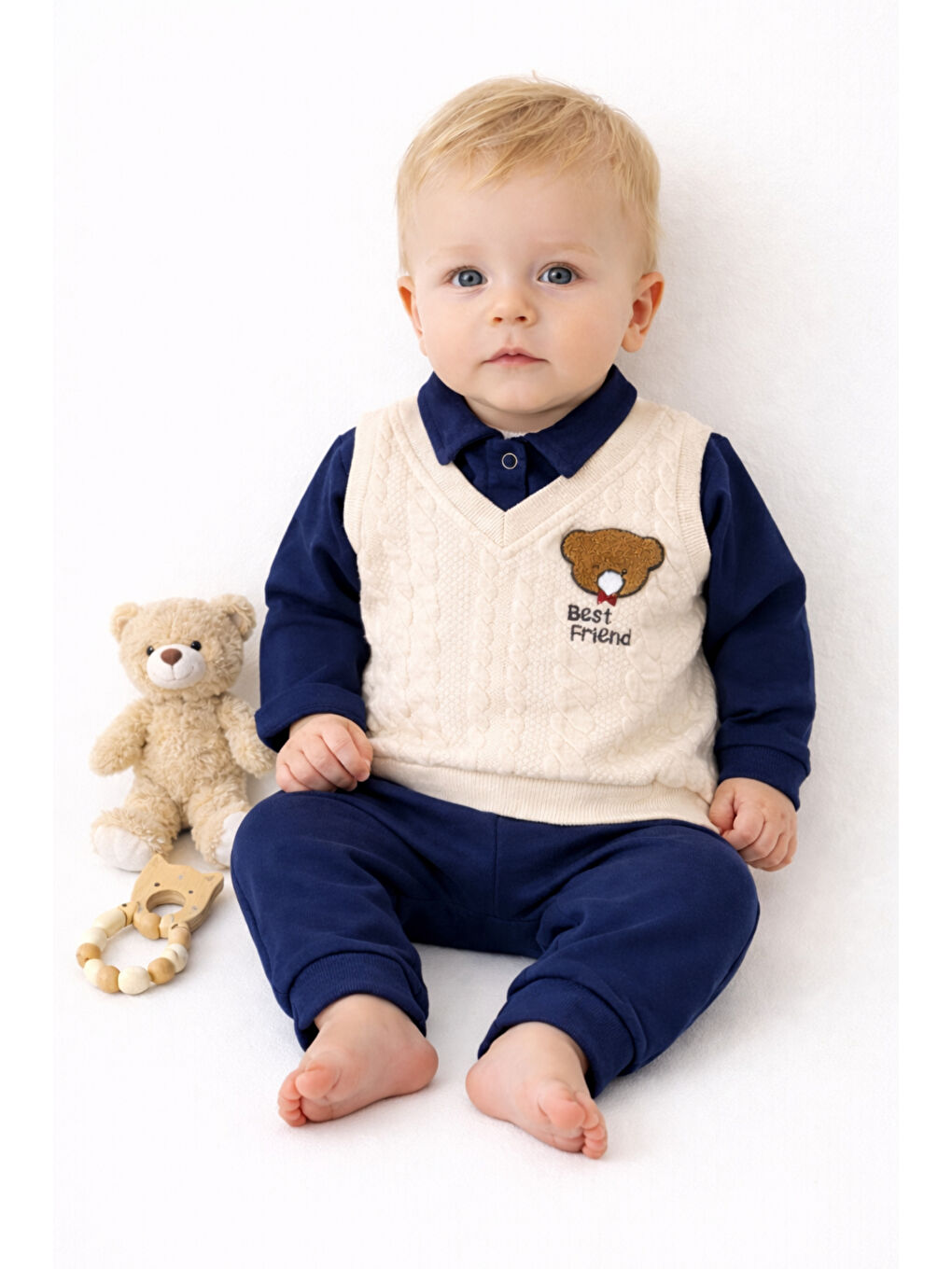 Lacivert Erkek Bebek 2’li Takım Triko Süveter Detaylı Ayıcıklı Uzun Kollu Alt Üst Set-2