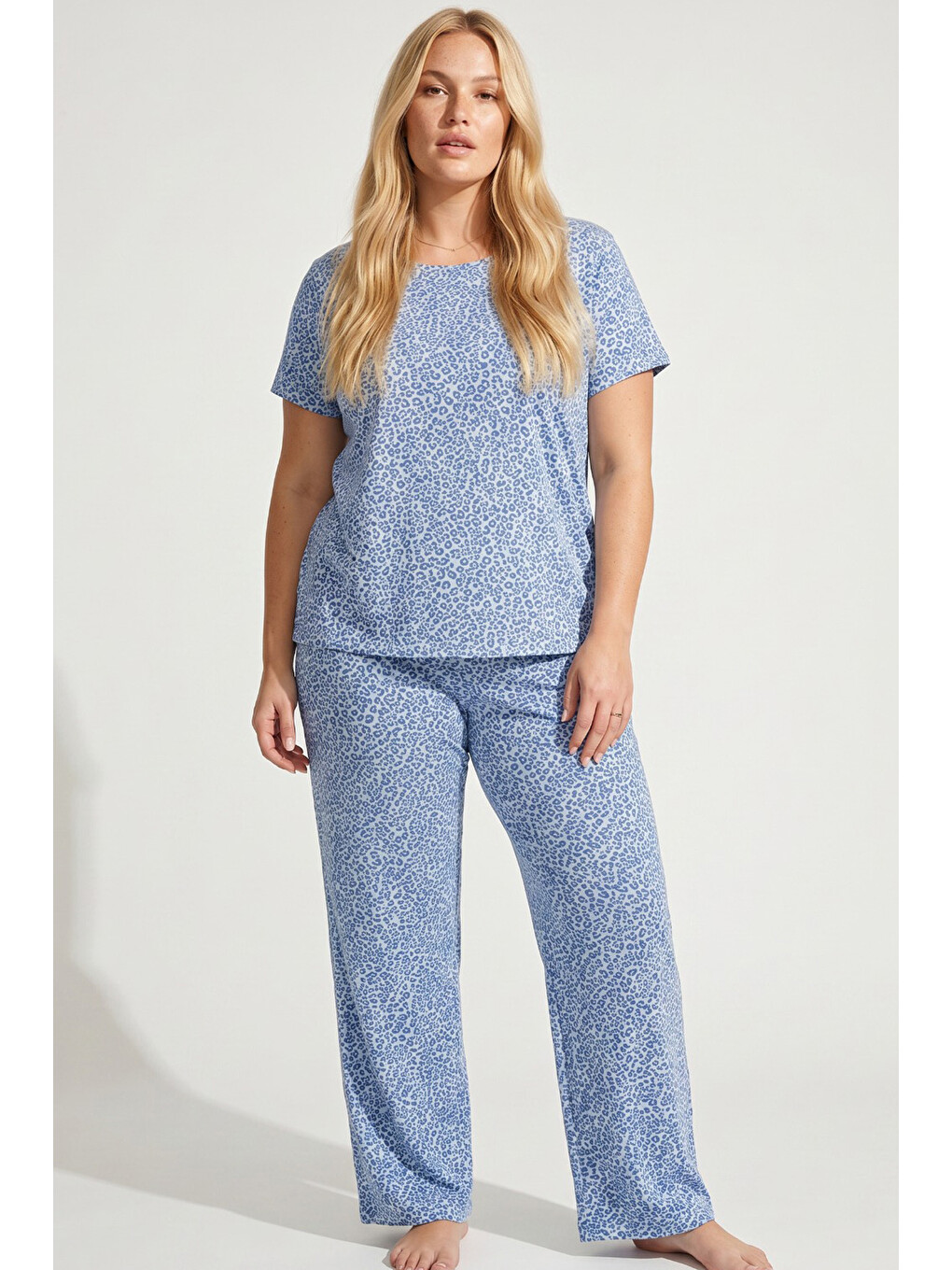 Mavi Leopar Desenli Büyük Beden Battal Örme Pijama Takım 7614-1