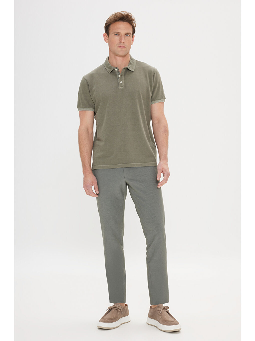 Erkek Haki Slim Fit Dar Kesim %100 Pamuk Polo Yaka Tişört-1