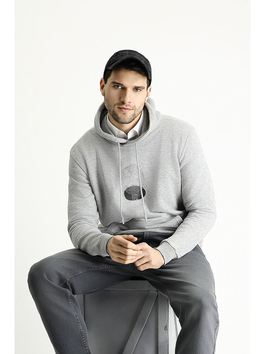 Gri Kapüşonlu Baskılı Pamuklu Sweatshirt-1