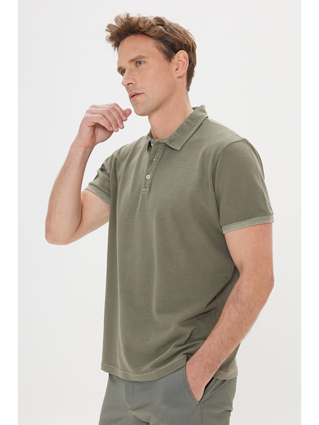 Erkek Haki Slim Fit Dar Kesim %100 Pamuk Polo Yaka Tişört-2