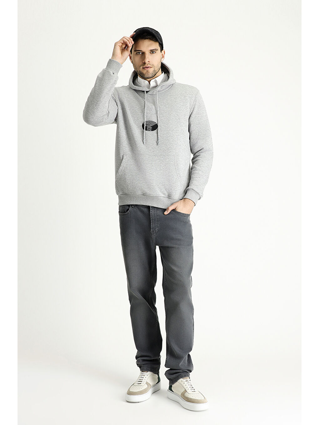 Gri Kapüşonlu Baskılı Pamuklu Sweatshirt-2