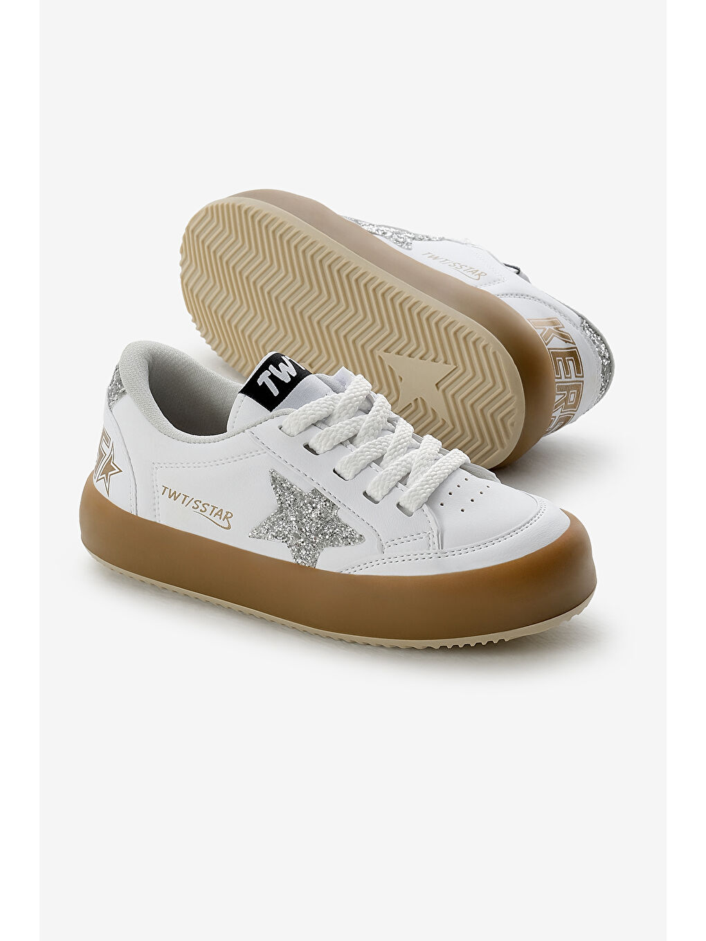 Çocuk Unisex Beyaz Gümüş Termo Taban Yıldız Detaylı Bağcıklı ve Cırtlı Spor Ayakkabı-3