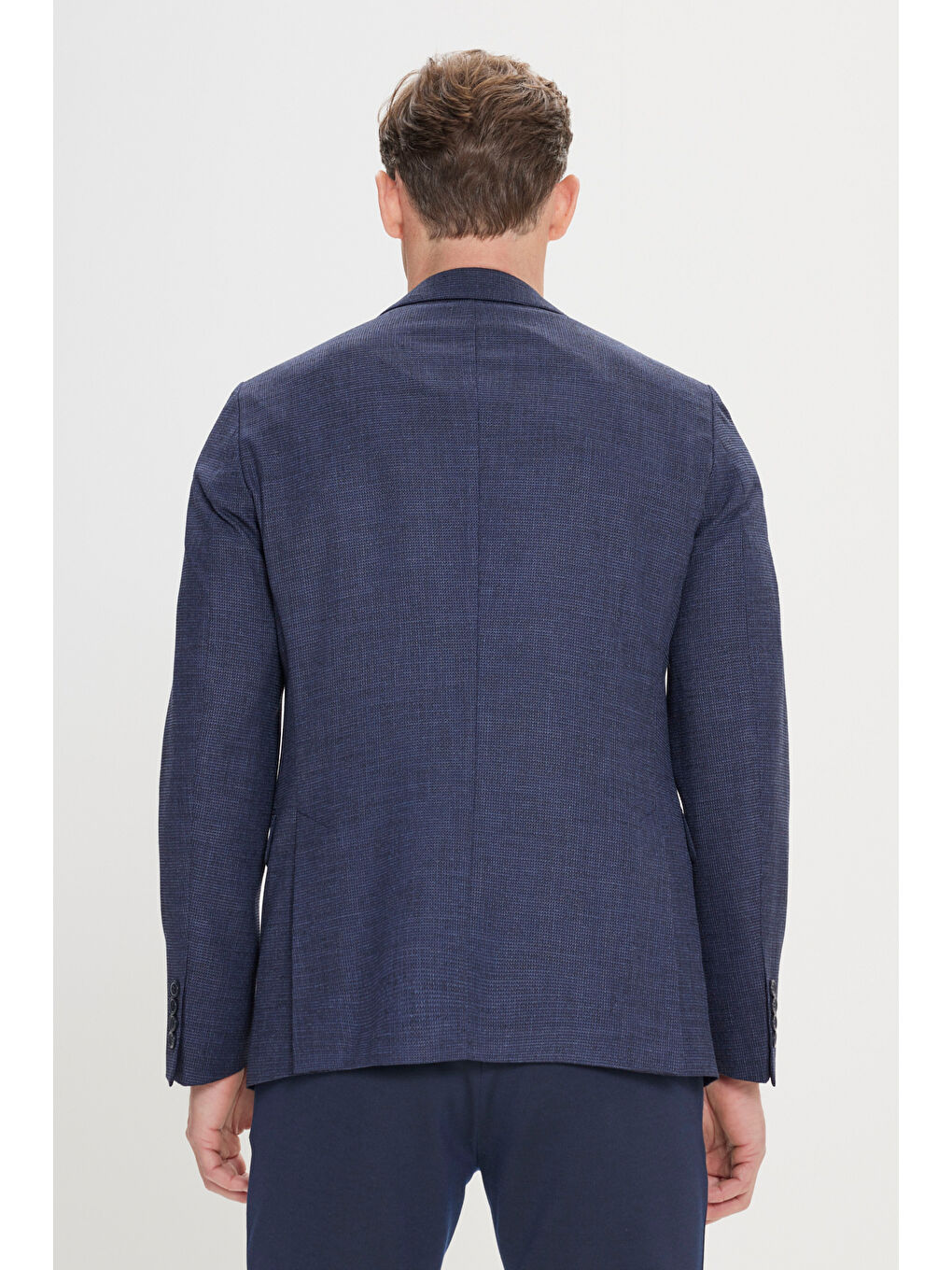 Erkek Lacivert Slim Fit Dar Kesim Mono Yaka Armürlü Ceket-2