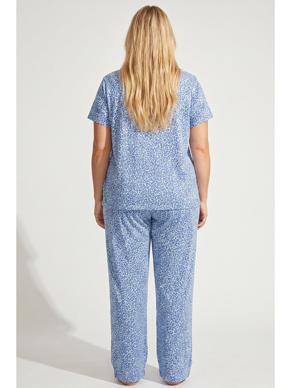 Mavi Leopar Desenli Büyük Beden Battal Örme Pijama Takım 7614-2