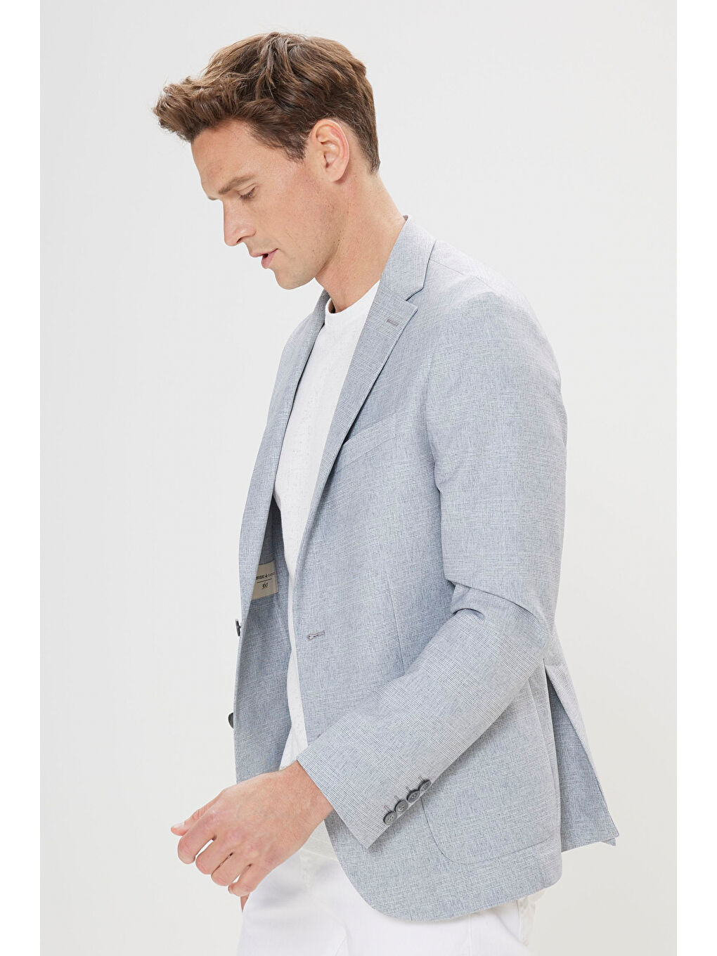 Erkek Gri-Mavi 360 Her Yöne Esneyen Slim Fit Dar Kesim Mono Yaka Desenli Blazer Ceket-4