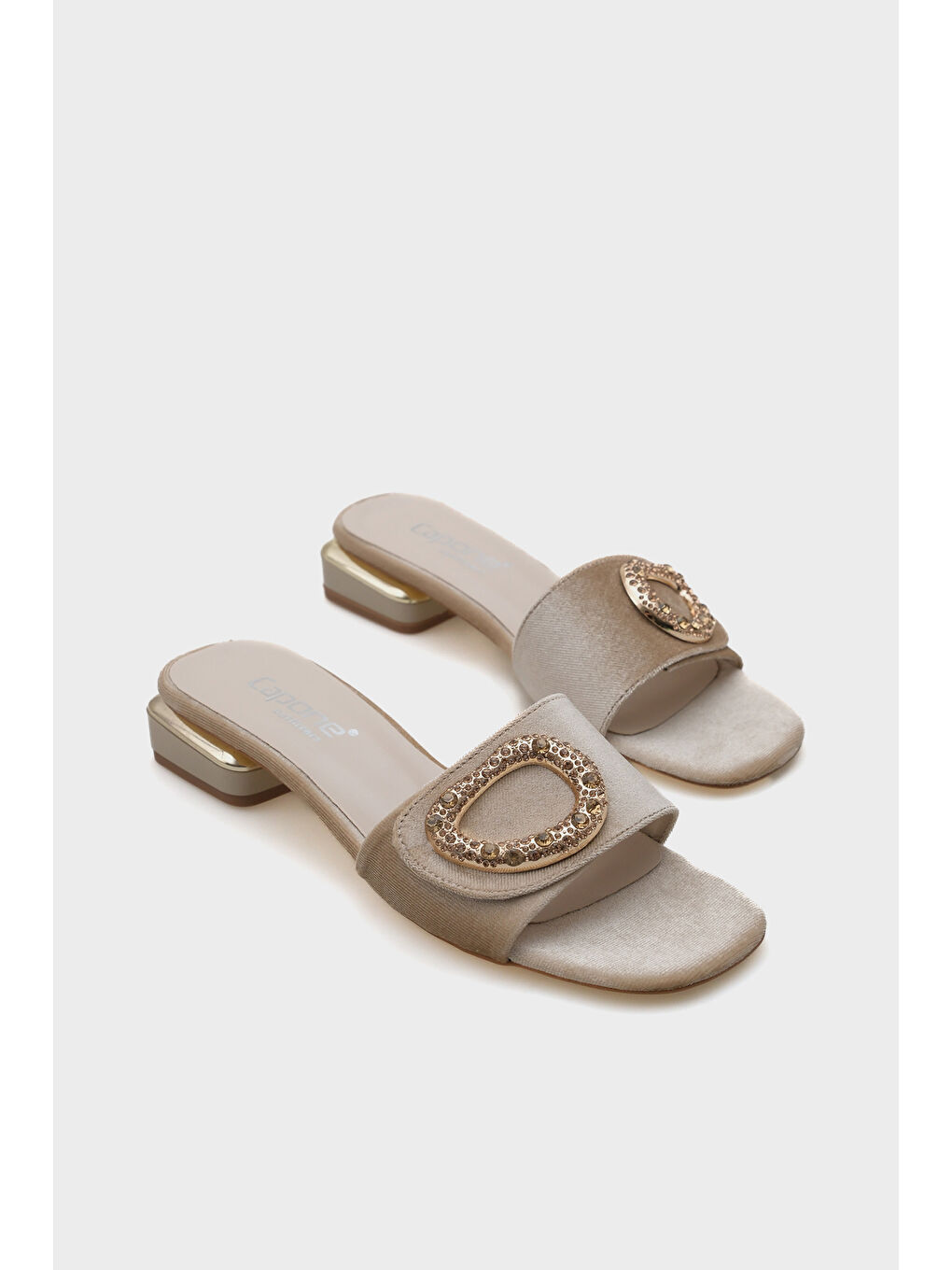 Bej Malva Yuvarlak Küt Burunlu Taşlı Tokalı Kadın Kısa Topuklu Terlik-1