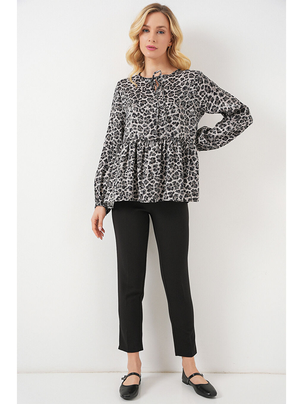 Kadın Desenli Uzun Kol Bluz 970 - Antrasit-1