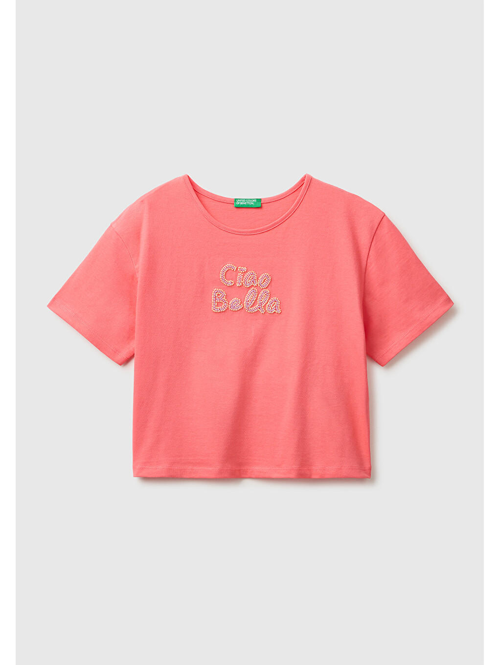 Kız Çocuk Mercan Ön ve Arka Baskı Detaylı Geniş Yaka T-Shirt