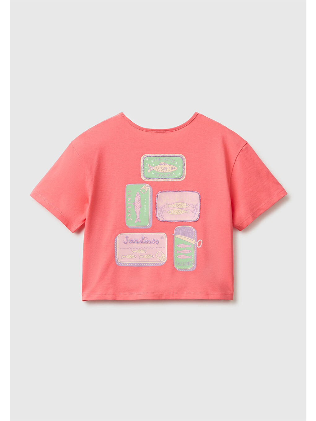 Kız Çocuk Mercan Ön ve Arka Baskı Detaylı Geniş Yaka T-Shirt-1