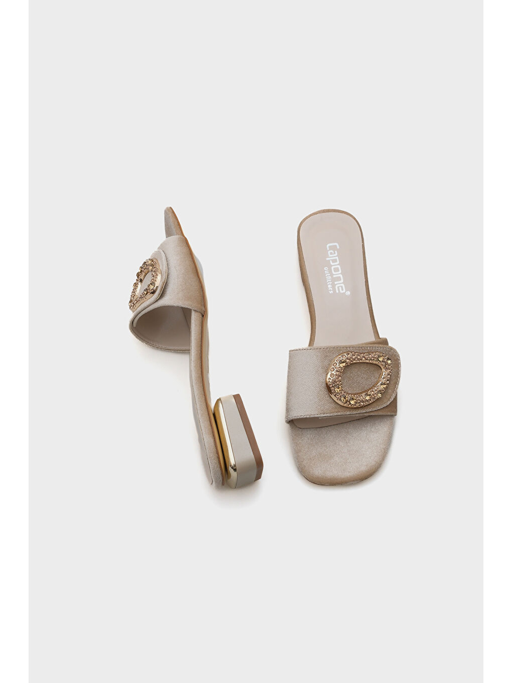 Bej Malva Yuvarlak Küt Burunlu Taşlı Tokalı Kadın Kısa Topuklu Terlik-4