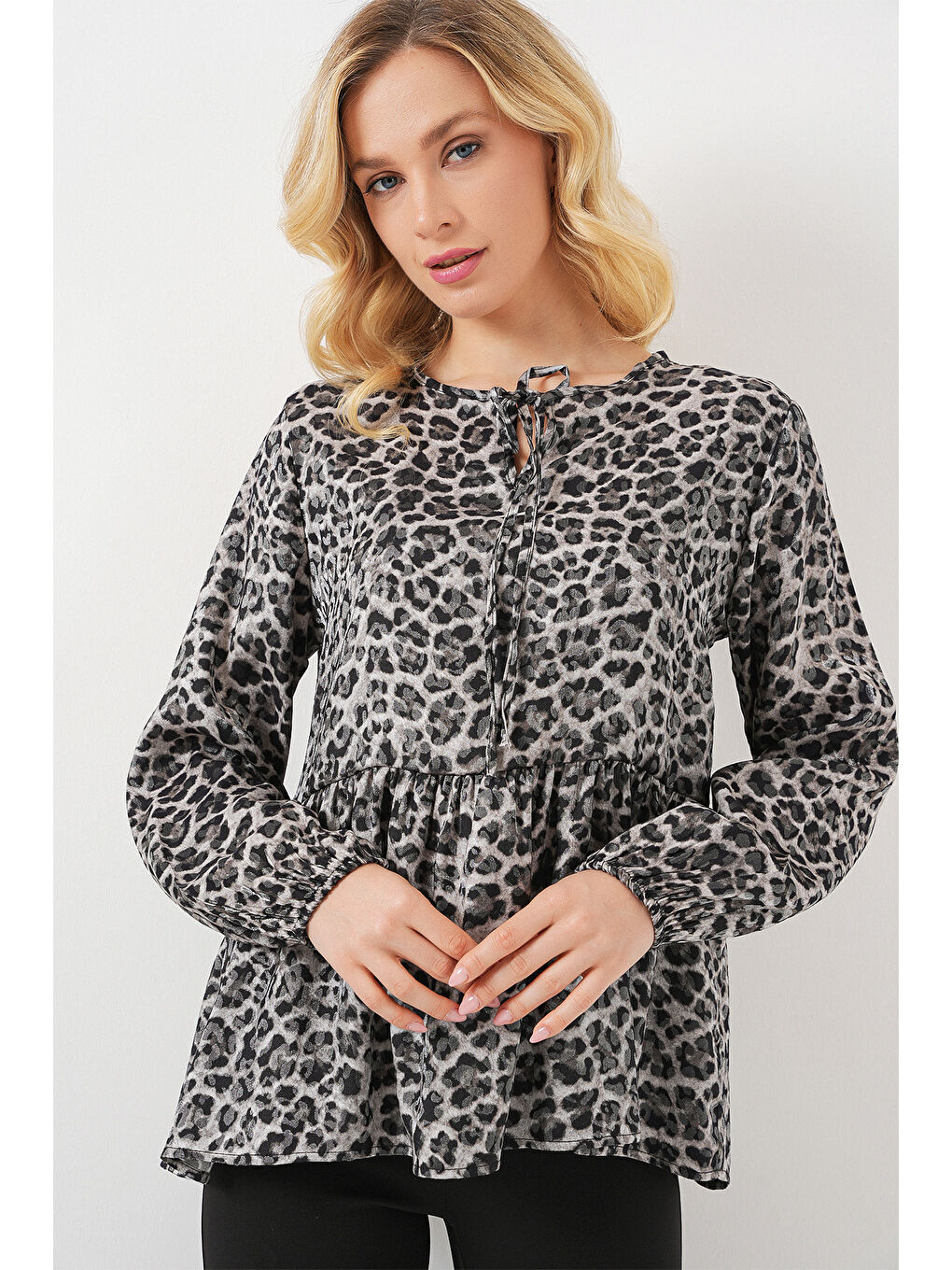 Kadın Desenli Uzun Kol Bluz 970 - Antrasit-3