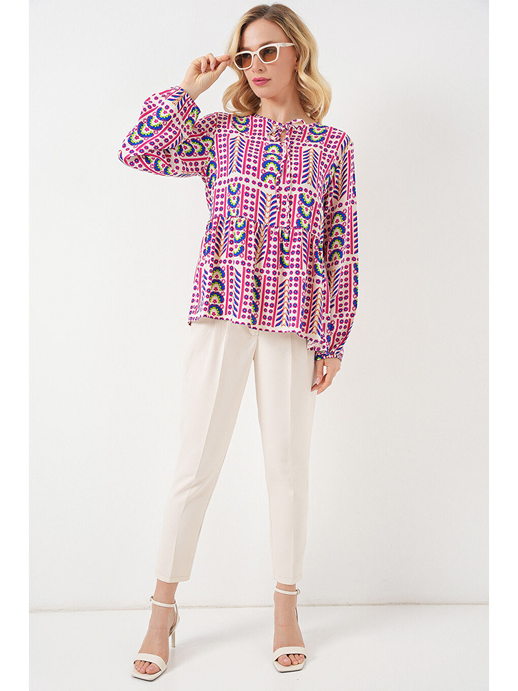 Kadın Desenli Uzun Kol Bluz 970 - Fuşya-1
