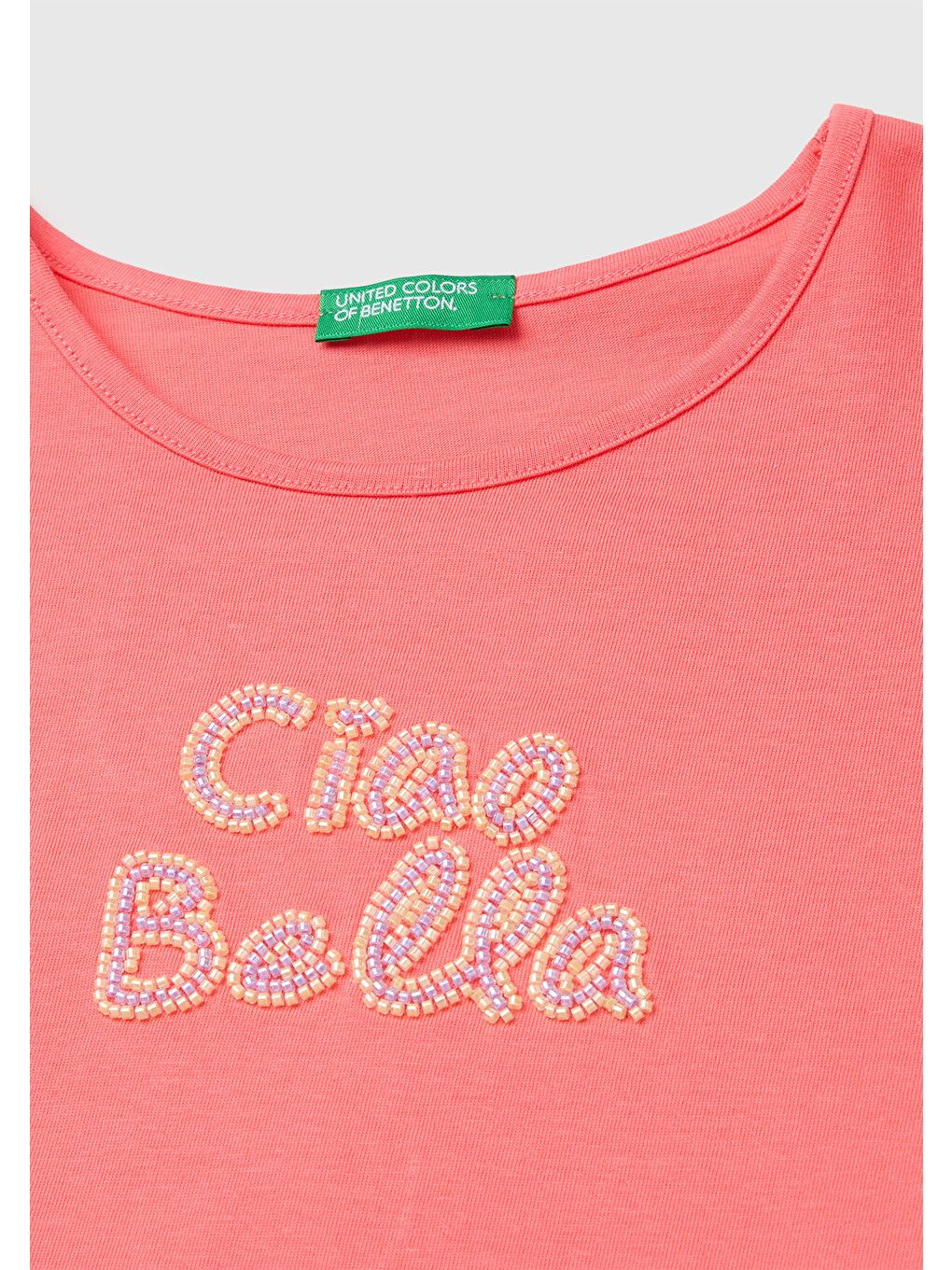 Kız Çocuk Mercan Ön ve Arka Baskı Detaylı Geniş Yaka T-Shirt-2