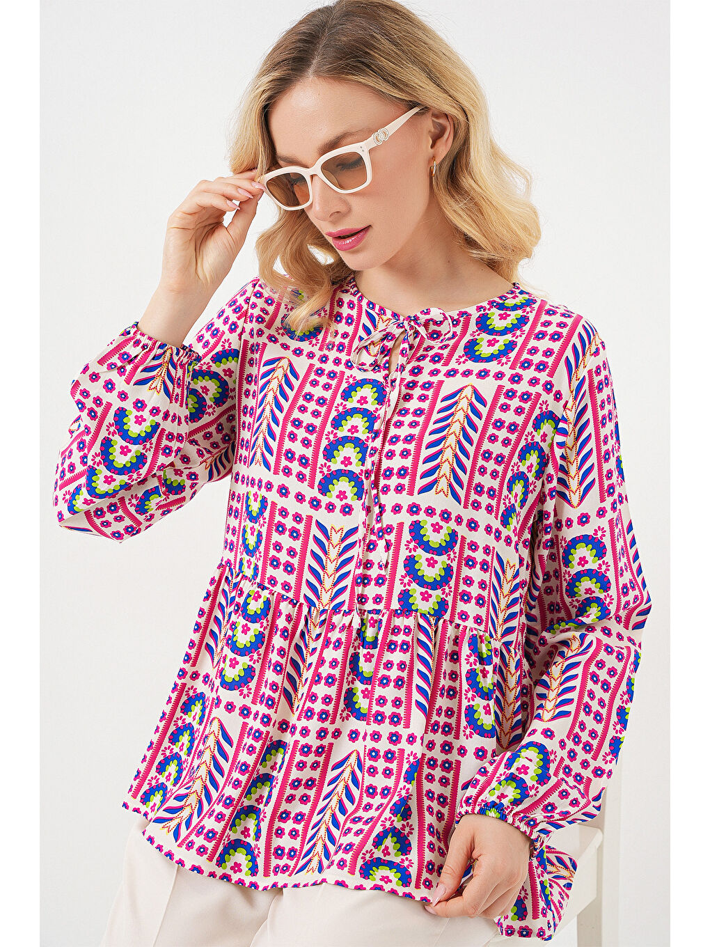 Kadın Desenli Uzun Kol Bluz 970 - Fuşya-2