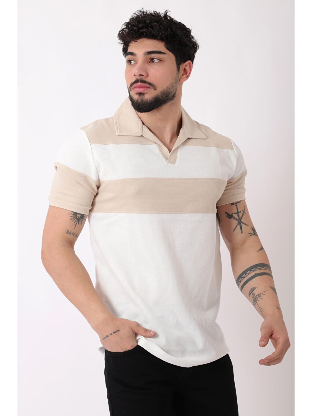 Bej Apaç Yaka Triko Tişört JS C-1020_30420