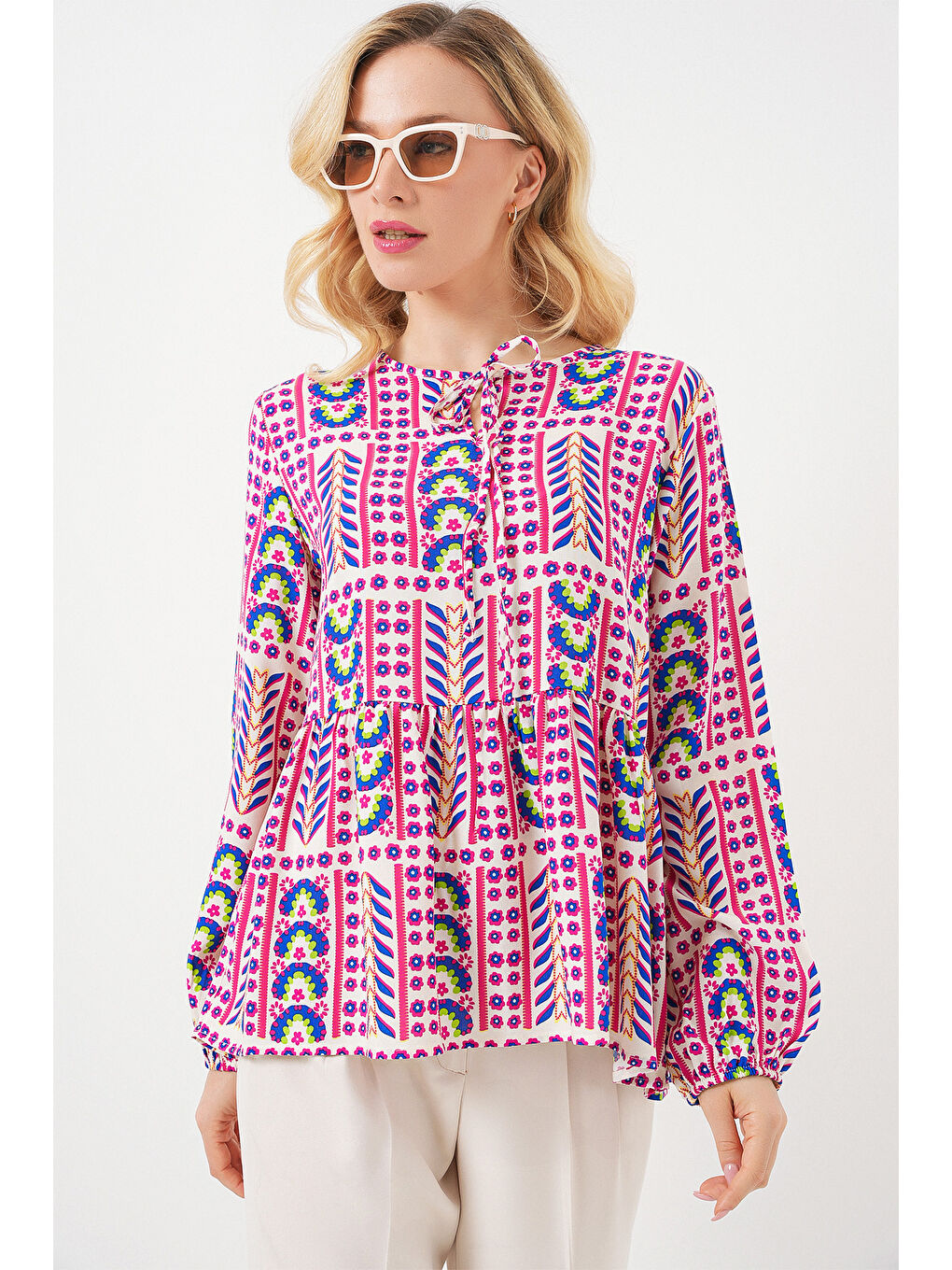 Kadın Desenli Uzun Kol Bluz 970 - Fuşya-3