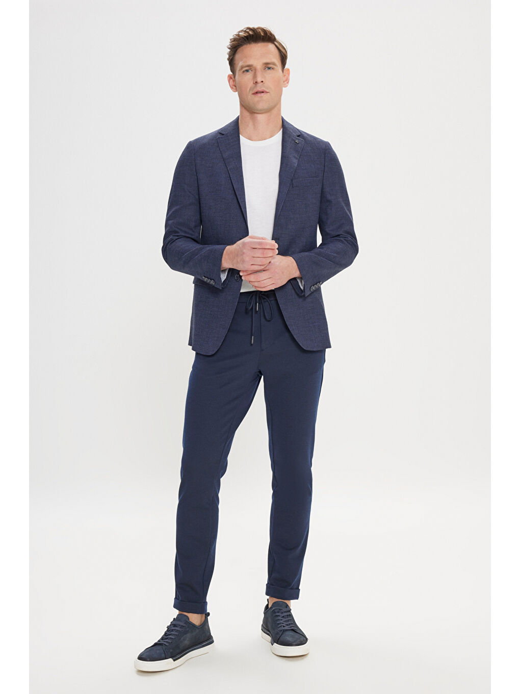 Erkek Lacivert Slim Fit Dar Kesim Mono Yaka Armürlü Ceket-5